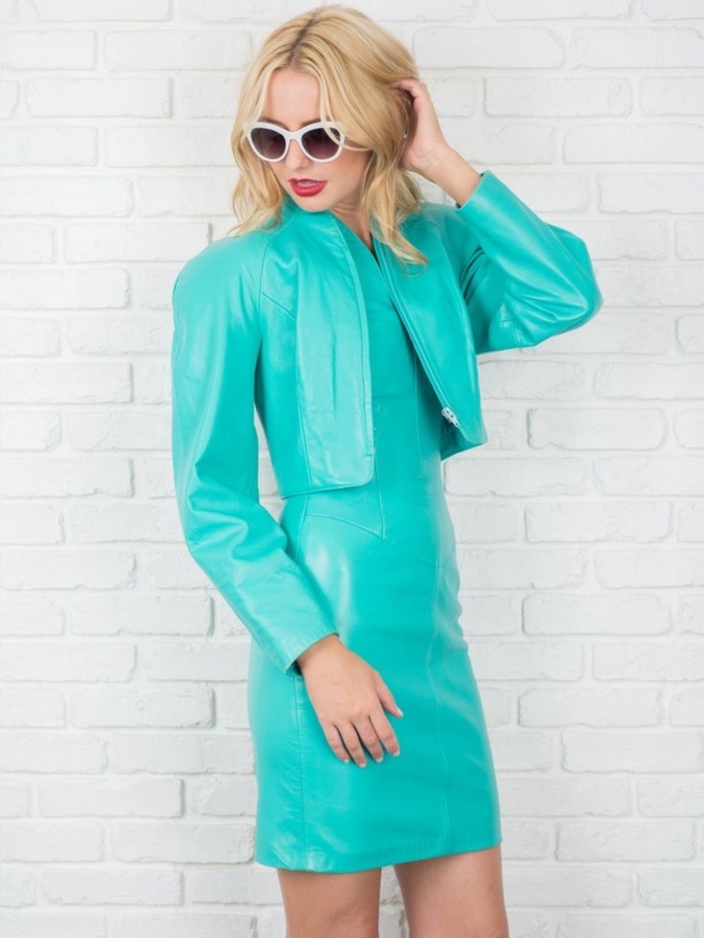 80s Michael Hoban North Beach Vintage Teal Leather Crop Jacket/Skirt Set Size S